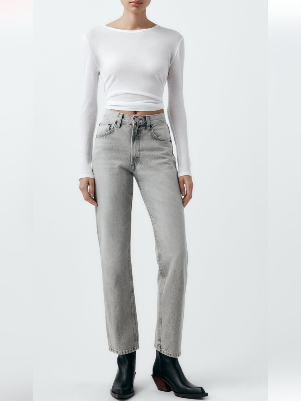 Zara High-Rise Straight Leg Jeans - Light Grey Wash